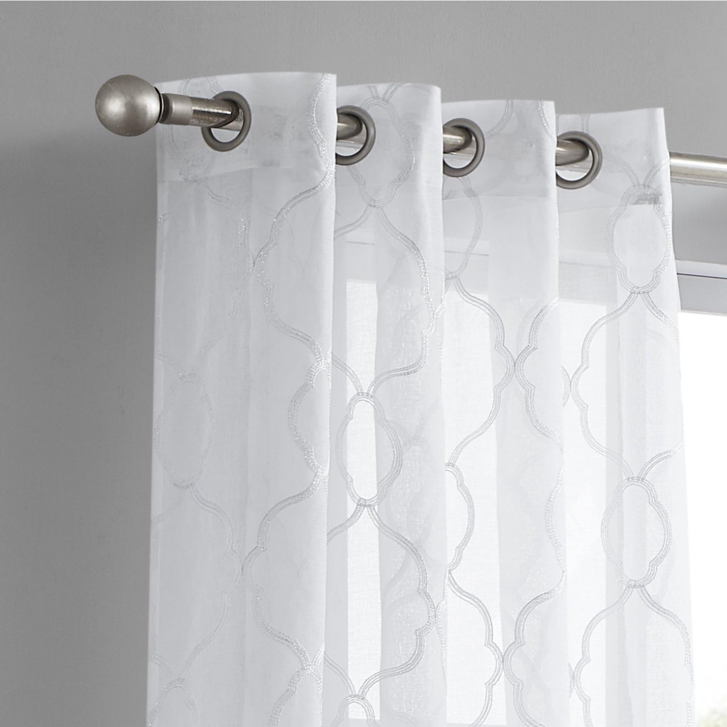 84” White Trellis Pattern Embroidered Window Curtain Panel-5