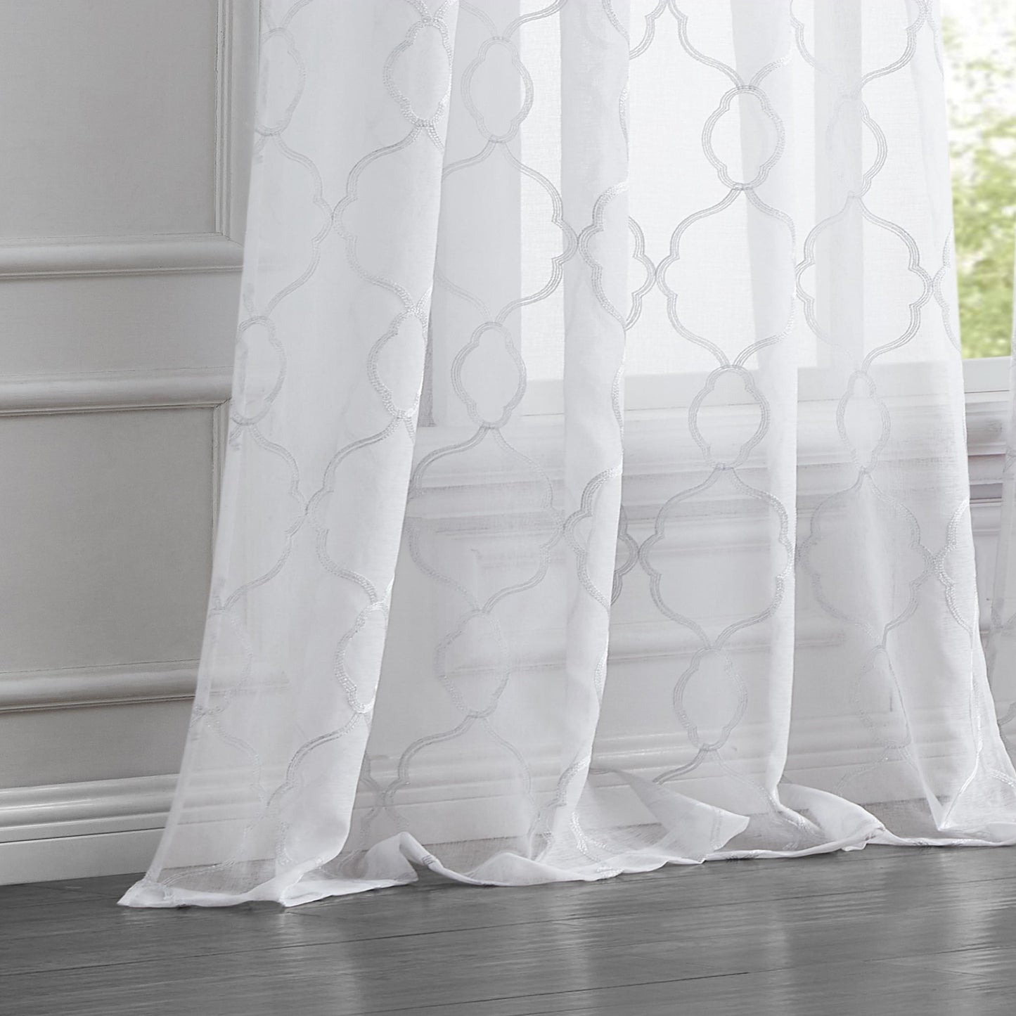 84” White Trellis Pattern Embroidered Window Curtain Panel-6