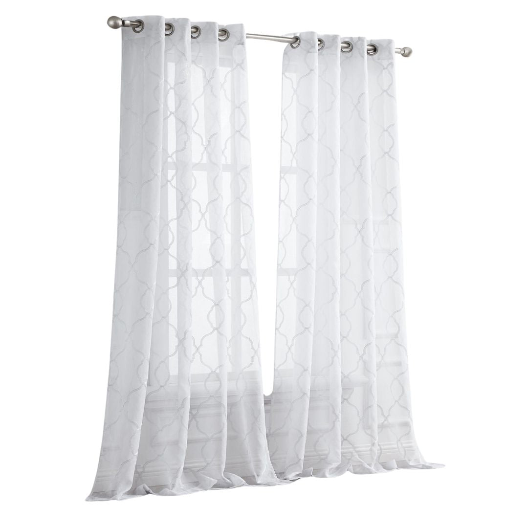 84” White Trellis Pattern Embroidered Window Curtain Panel-1