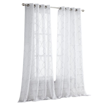 84” White Trellis Pattern Embroidered Window Curtain Panel-1