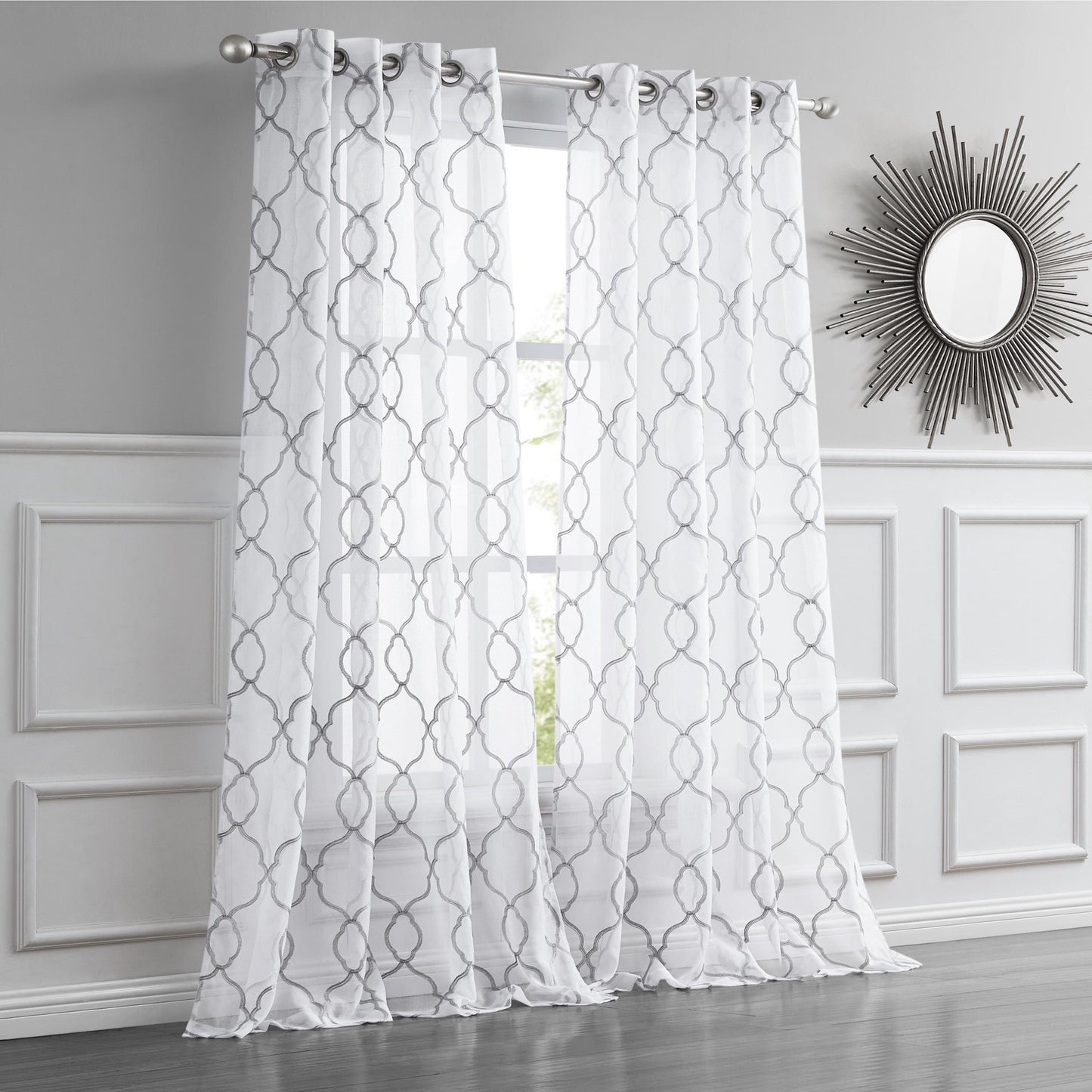 84” Silver Trellis Pattern Embroidered Window Curtain Panel-4