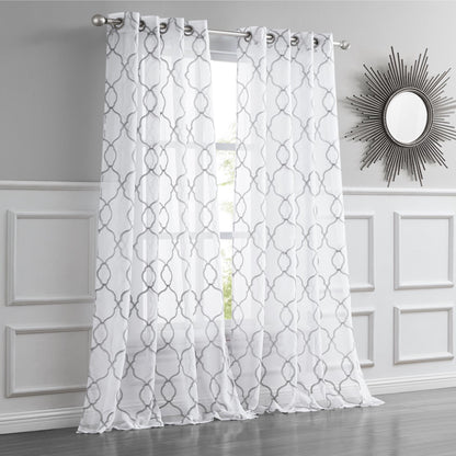 84” Silver Trellis Pattern Embroidered Window Curtain Panel-4