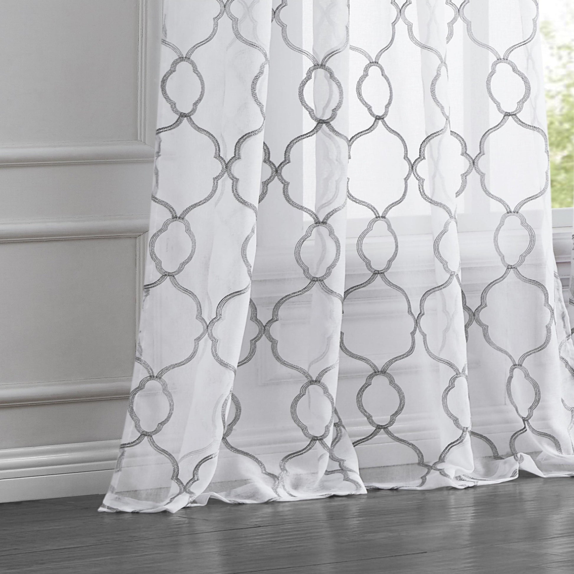 84” Silver Trellis Pattern Embroidered Window Curtain Panel-6