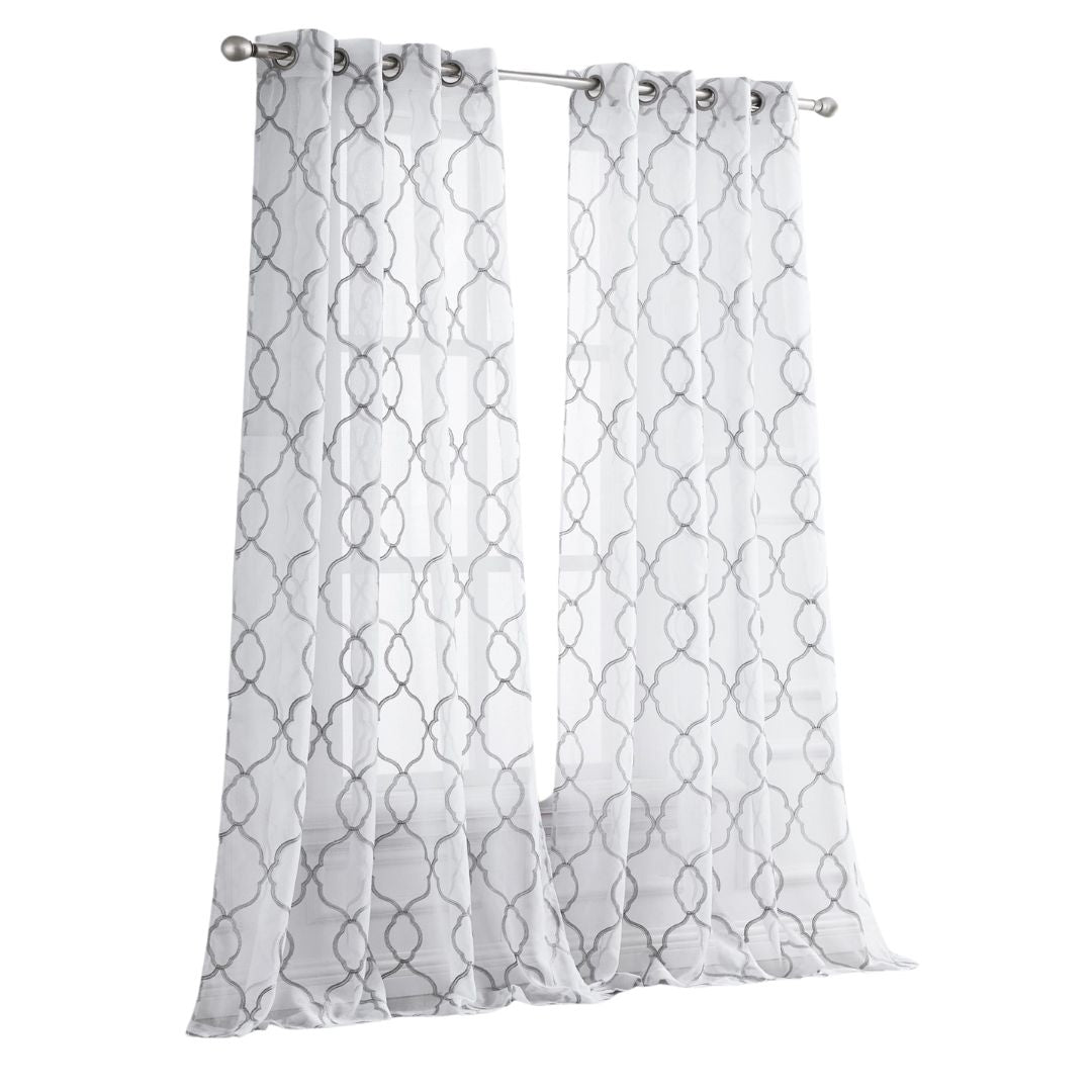 84” Silver Trellis Pattern Embroidered Window Curtain Panel-1