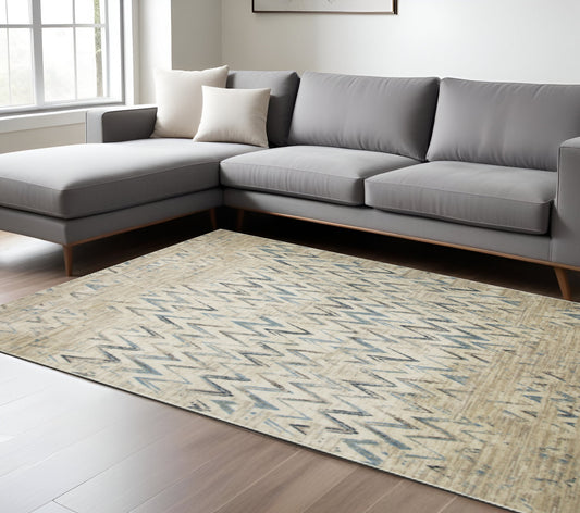 8' X 11' Ivory And Blue Chevron Area Rug-0