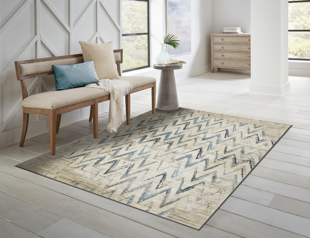 8' X 11' Ivory And Blue Chevron Area Rug-5
