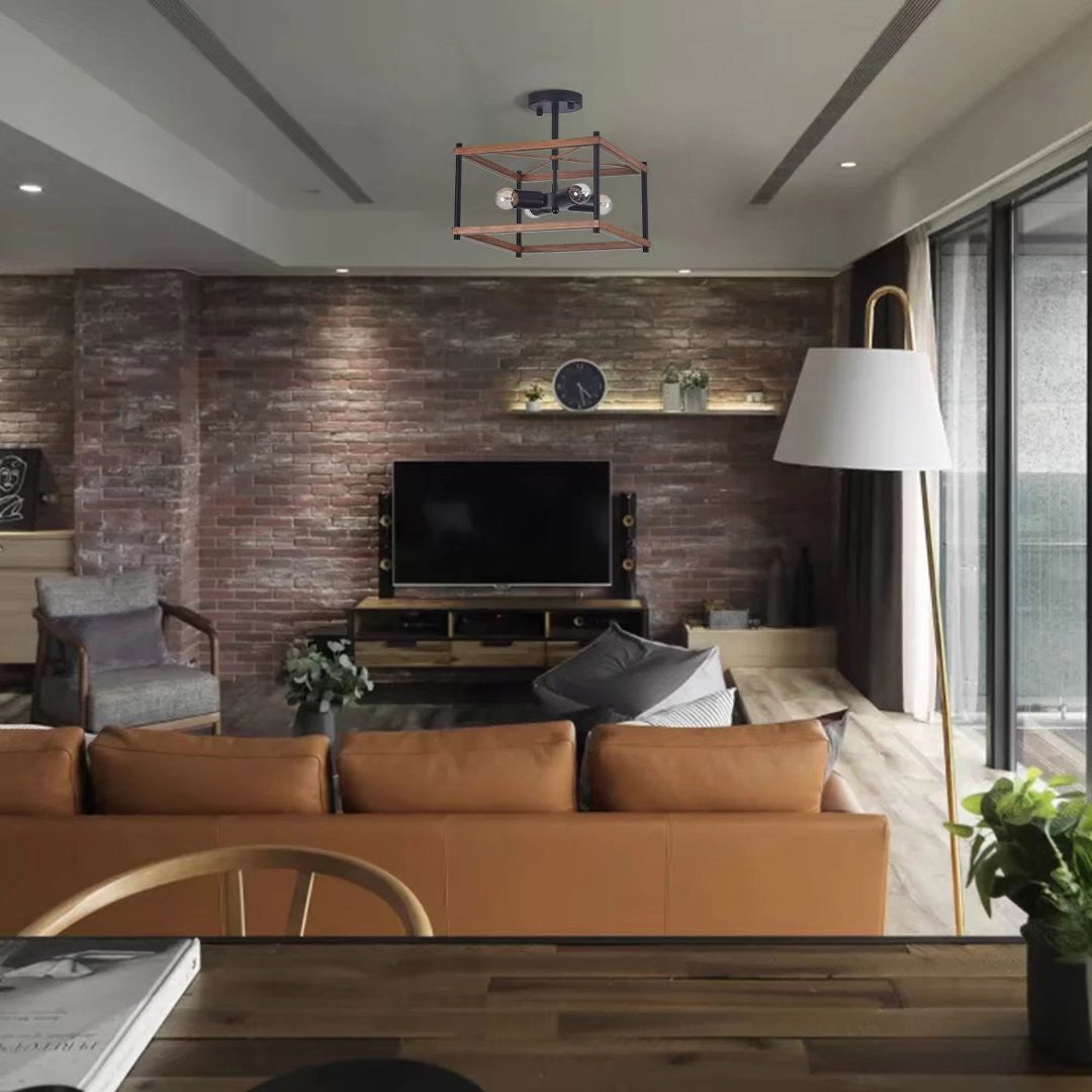 Industrial Wood Square Four Light Ceiling Fixture-6