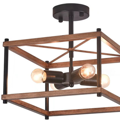 Industrial Wood Square Four Light Ceiling Fixture-3