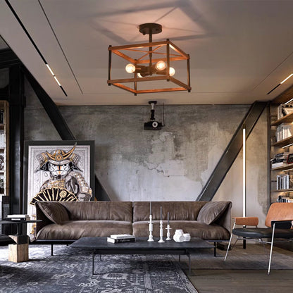 Industrial Wood Square Four Light Ceiling Fixture-7