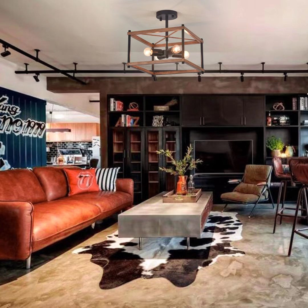 Industrial Wood Square Four Light Ceiling Fixture-8