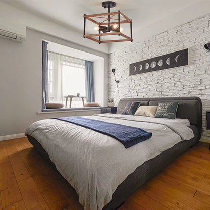 Industrial Wood Square Four Light Ceiling Fixture-5