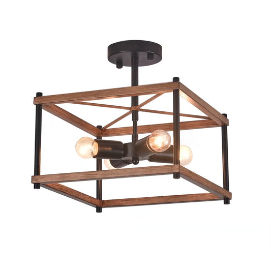 Industrial Wood Square Four Light Ceiling Fixture-0