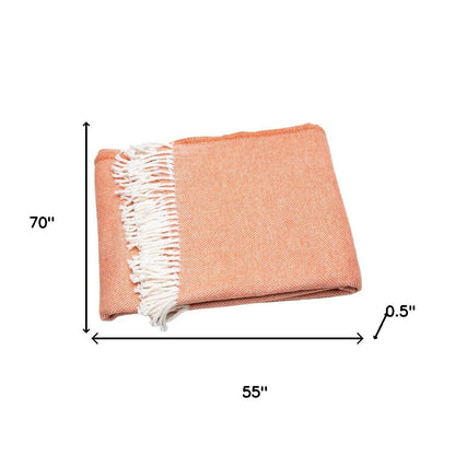 55" X 70" Coral And Ivory Cotton Woven Plush Throw Blanket with Tassels-4