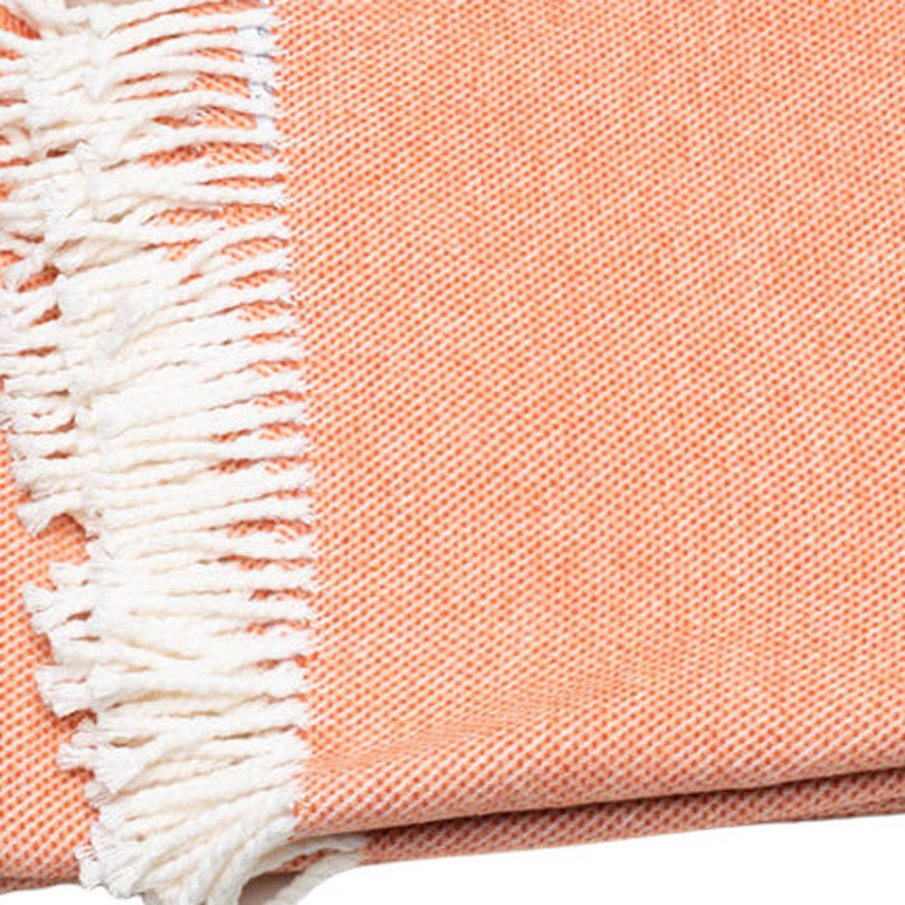55" X 70" Coral And Ivory Cotton Woven Plush Throw Blanket with Tassels-3