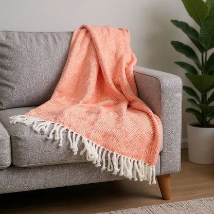 55" X 70" Coral And Ivory Cotton Woven Plush Throw Blanket with Tassels-1