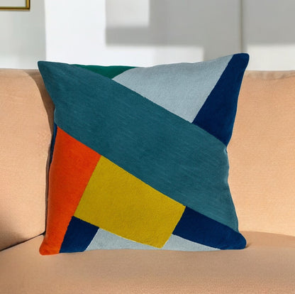 20" Blue and Yellow Geometric Cotton Throw Pillow-0
