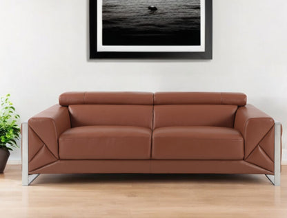 89" Camel Italian Leather Sofa With Silver Legs-0