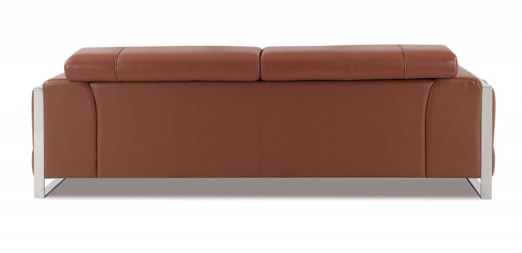 89" Camel Italian Leather Sofa With Silver Legs-3