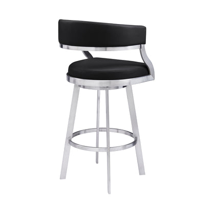 26" Black And Silver Faux Leather And Iron Swivel Low Back Counter Height Bar Chair-3