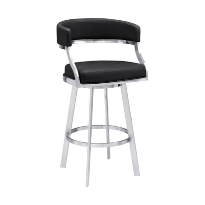 26" Black And Silver Faux Leather And Iron Swivel Low Back Counter Height Bar Chair-0