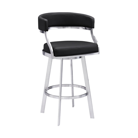 26" Black And Silver Faux Leather And Iron Swivel Low Back Counter Height Bar Chair-0