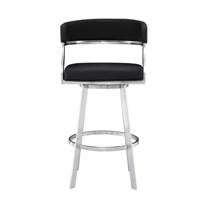 26" Black And Silver Faux Leather And Iron Swivel Low Back Counter Height Bar Chair-2