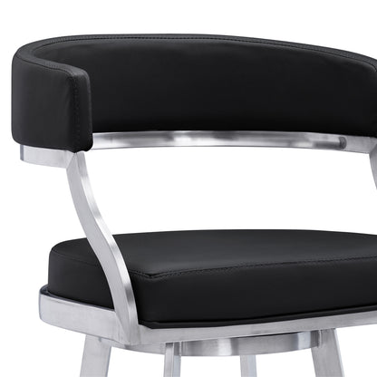26" Black And Silver Faux Leather And Iron Swivel Low Back Counter Height Bar Chair-4