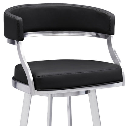 26" Black And Silver Faux Leather And Iron Swivel Low Back Counter Height Bar Chair-8