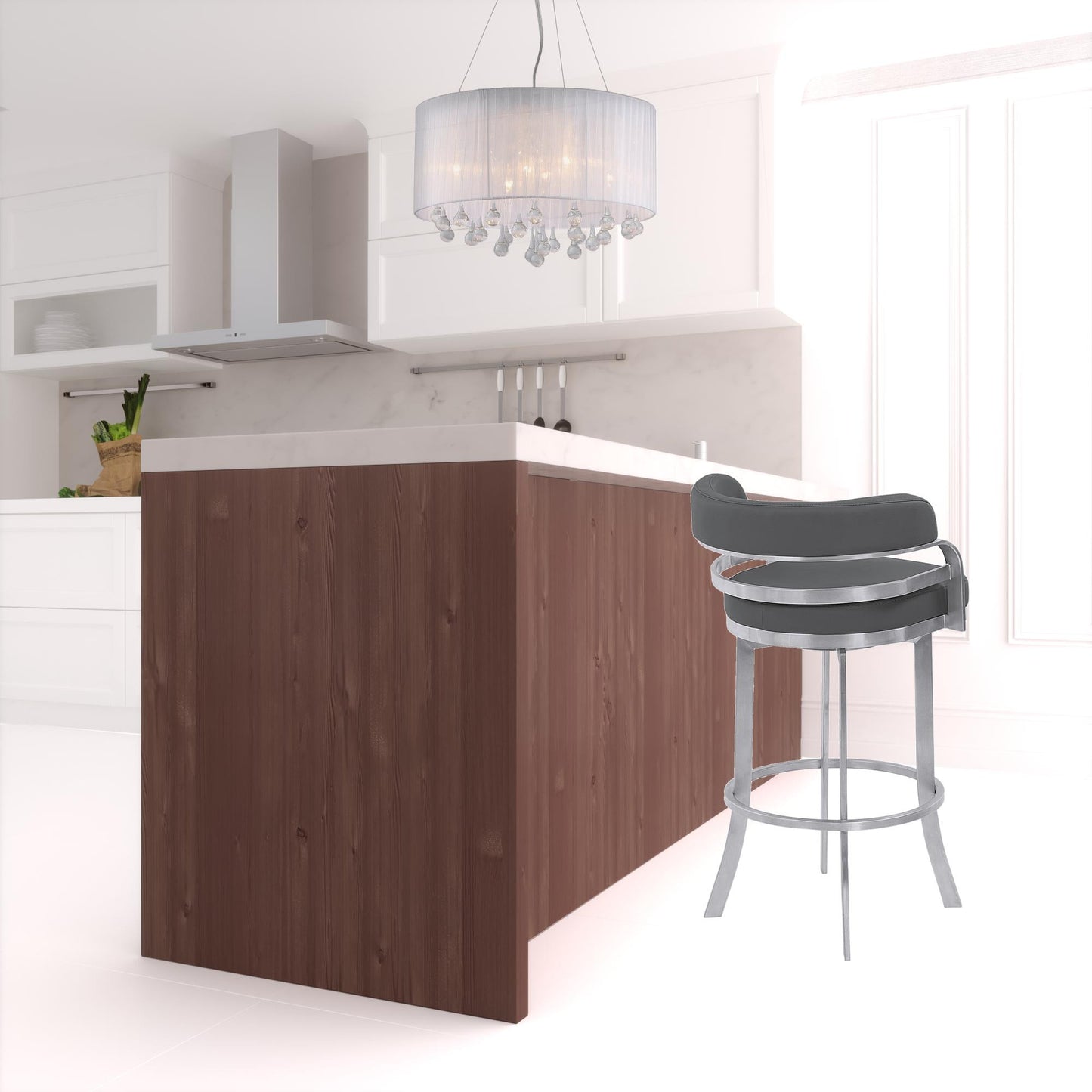 30" Gray And Silver Faux Leather And Iron Swivel Low Back Bar Height Bar Chair-1