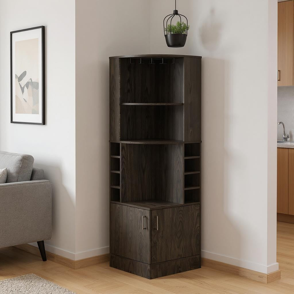 71" Dark Brown Wood Corner Bar Cabinet With Two Doors-0