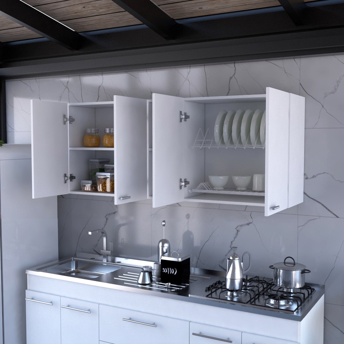 59" White Wood Wall Mounted Accent Cabinet With Four Doors-5