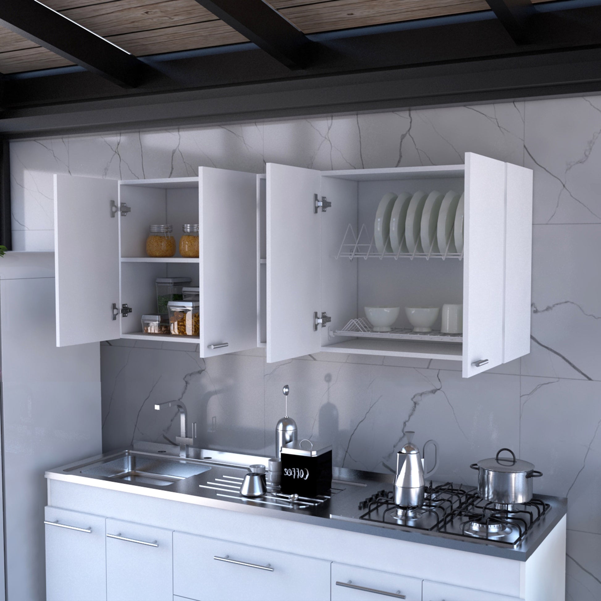 59" White Wood Wall Mounted Accent Cabinet With Four Doors-5