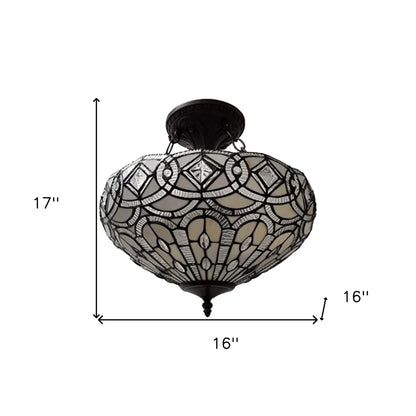 Black and Gray Tiffany Style Two Light Glass Dimmable Semi Flush Ceiling Light-4