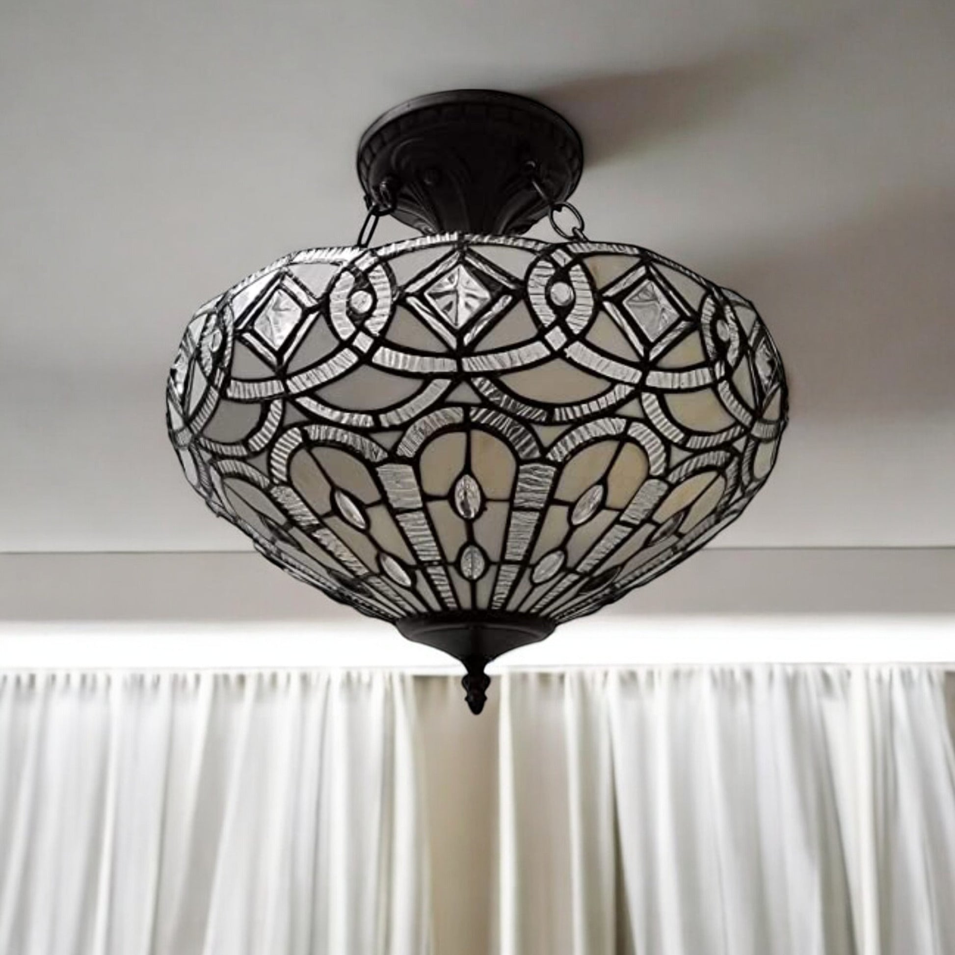 Black and Gray Tiffany Style Two Light Glass Dimmable Semi Flush Ceiling Light-0