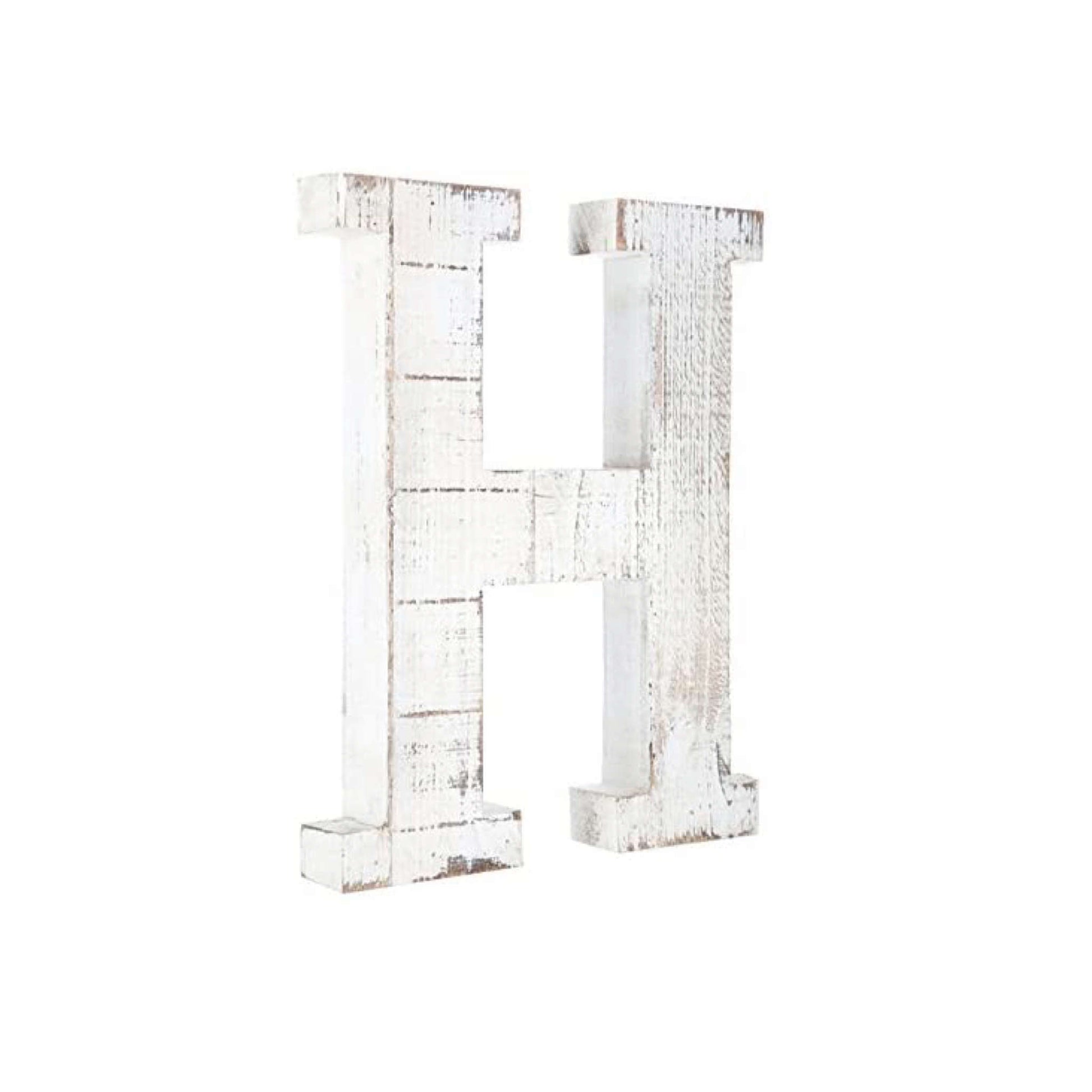 16" Distressed White Wash Wooden Initial Letter H Sculpture-0