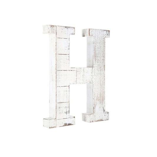 16" Distressed White Wash Wooden Initial Letter H Sculpture-0