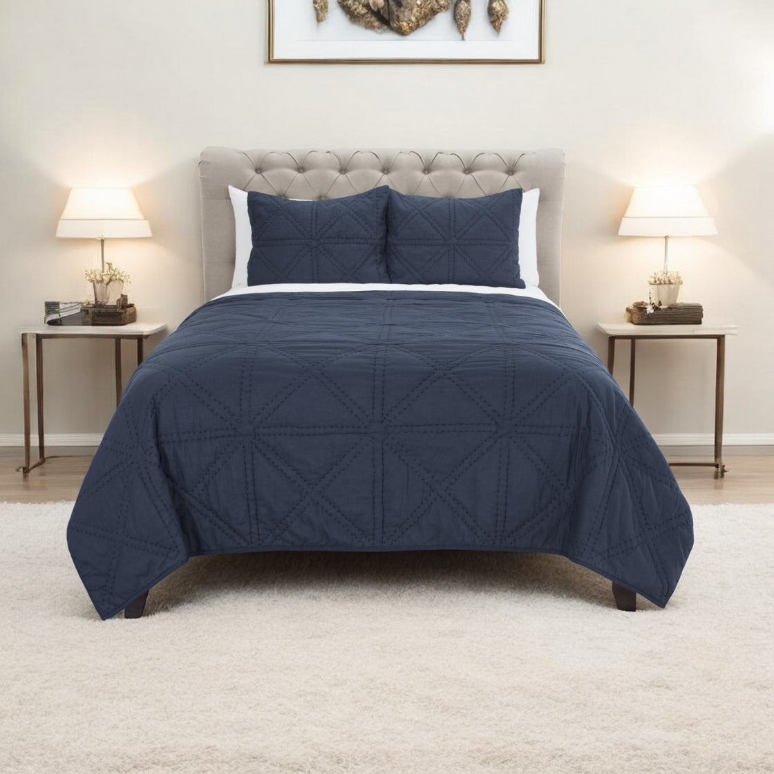 Set of Three Indigo Geometric King Quilt-0