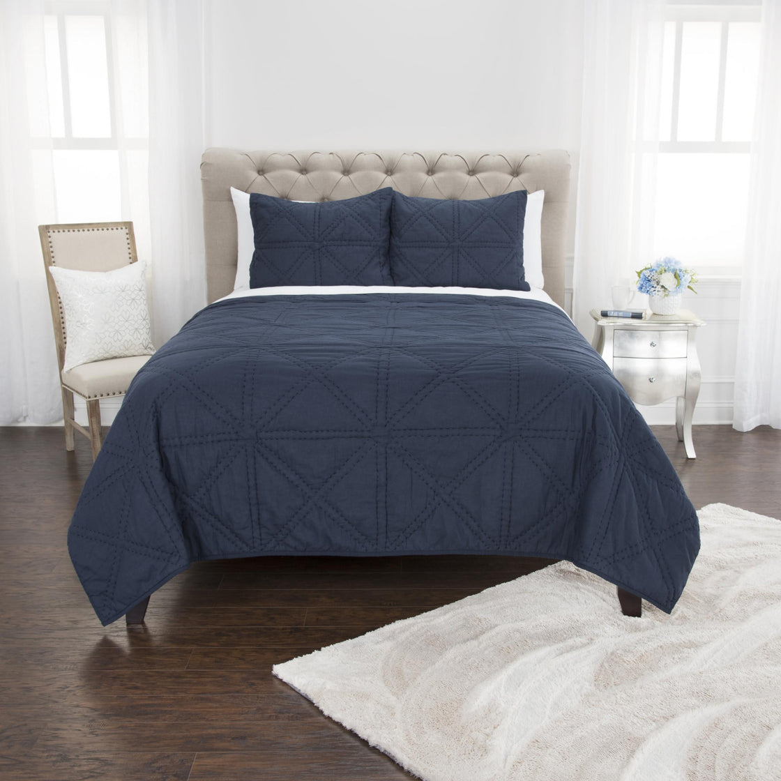 Set of Three Indigo Geometric King Quilt-2