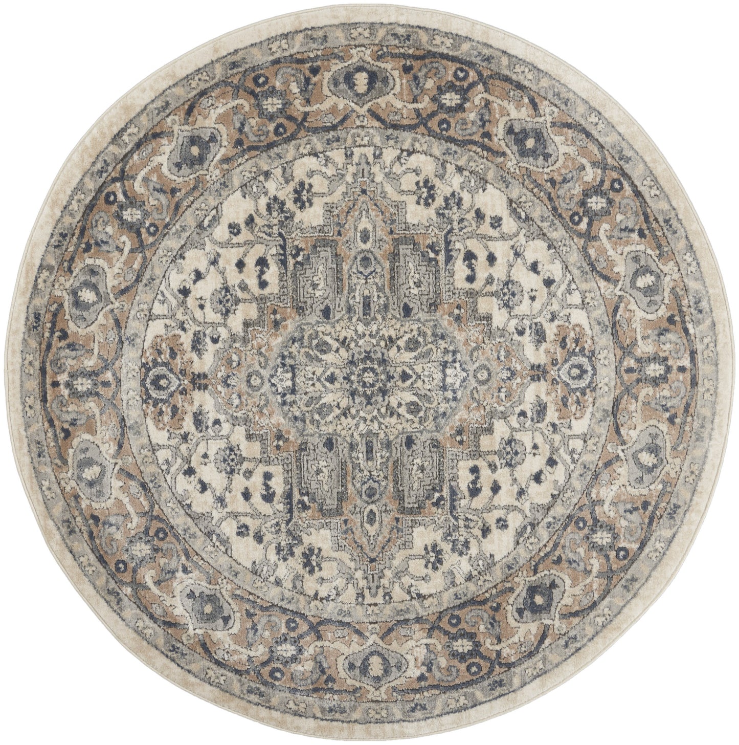 5' X 5' Ivory And Grey Round Oriental Non Skid Area Rug-3