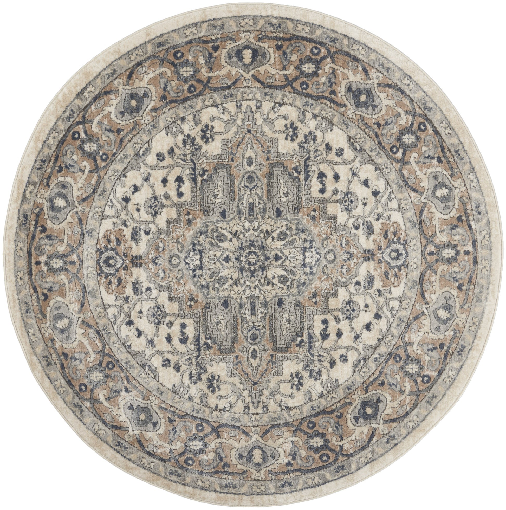 5' X 5' Ivory And Grey Round Oriental Non Skid Area Rug-3