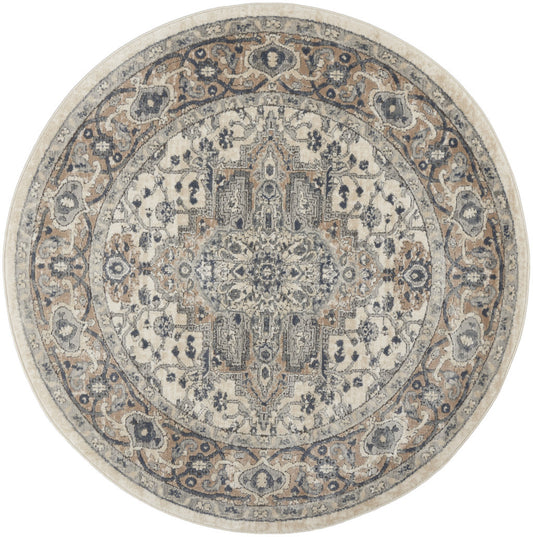 5' X 5' Ivory And Grey Round Oriental Non Skid Area Rug-0