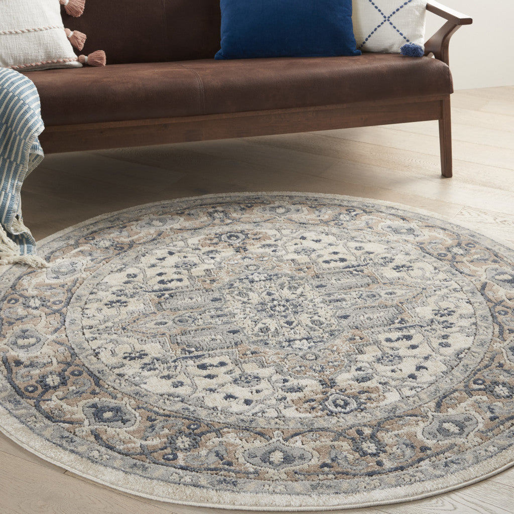 5' X 5' Ivory And Grey Round Oriental Non Skid Area Rug-4