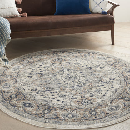 5' X 5' Ivory And Grey Round Oriental Non Skid Area Rug-4