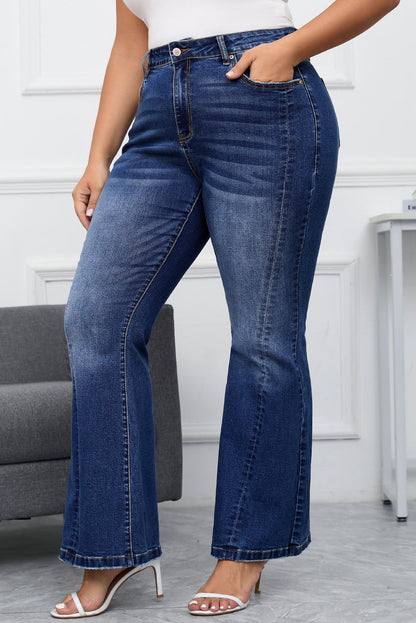 Aila Dark Blue Plus Size Stitching Flare Jeans-2