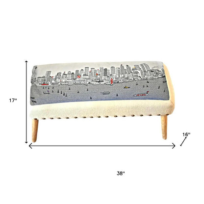 38" Cream Wool and Brown Ottoman-4