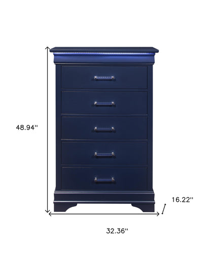 16" Blue Solid Wood Five Drawer Chest With LED Lighting-7