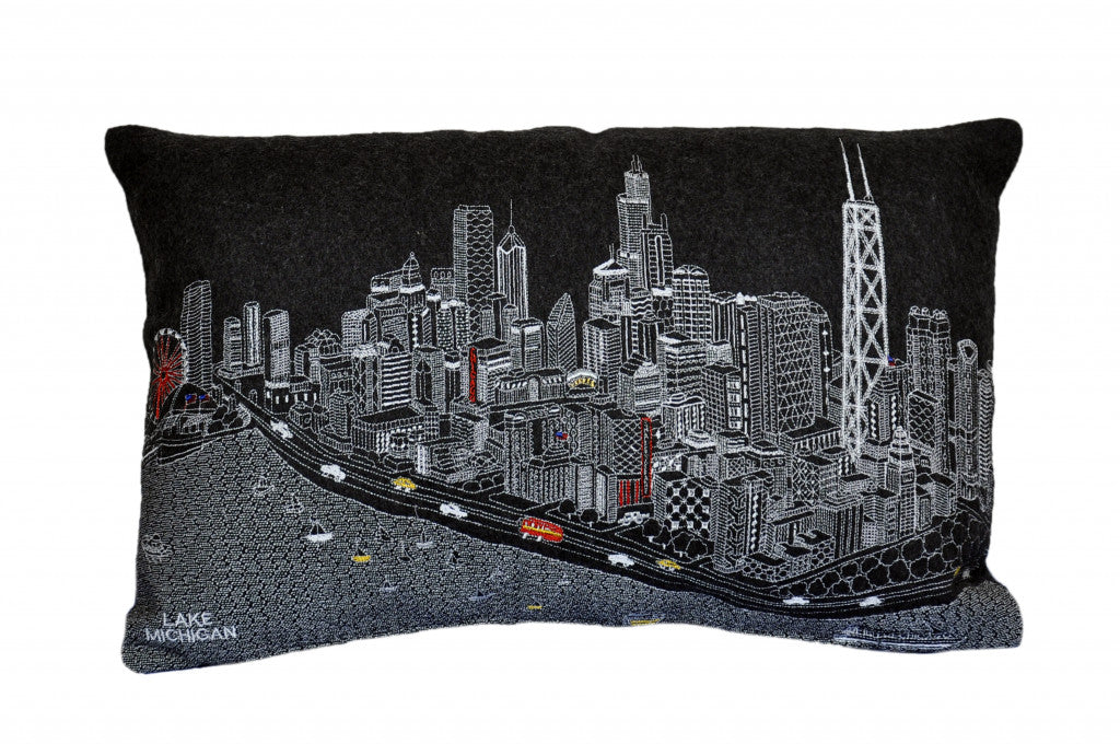 25" Black Chicago Nighttime Skyline Lumbar Decorative Pillow-1