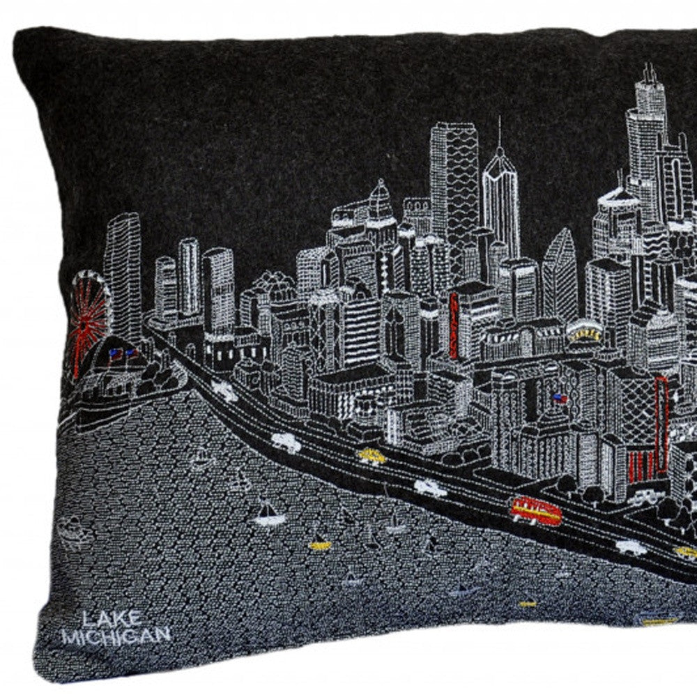 25" Black Chicago Nighttime Skyline Lumbar Decorative Pillow-2