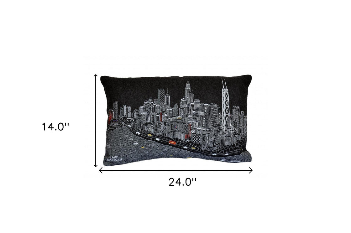 25" Black Chicago Nighttime Skyline Lumbar Decorative Pillow-3