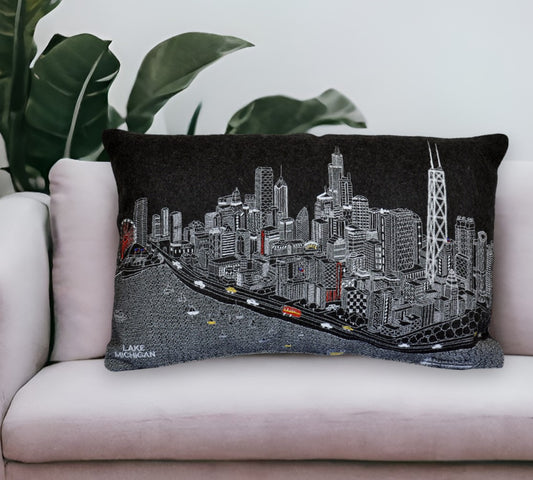 25" Black Chicago Nighttime Skyline Lumbar Decorative Pillow-0